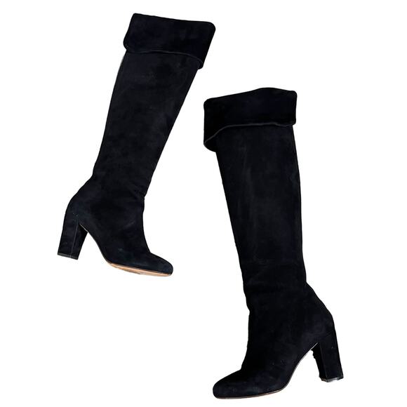 Tila March | Suede Leather Black Knee High Block Heel Tall Designer Boots 38 7.5 - Picture 1 of 11